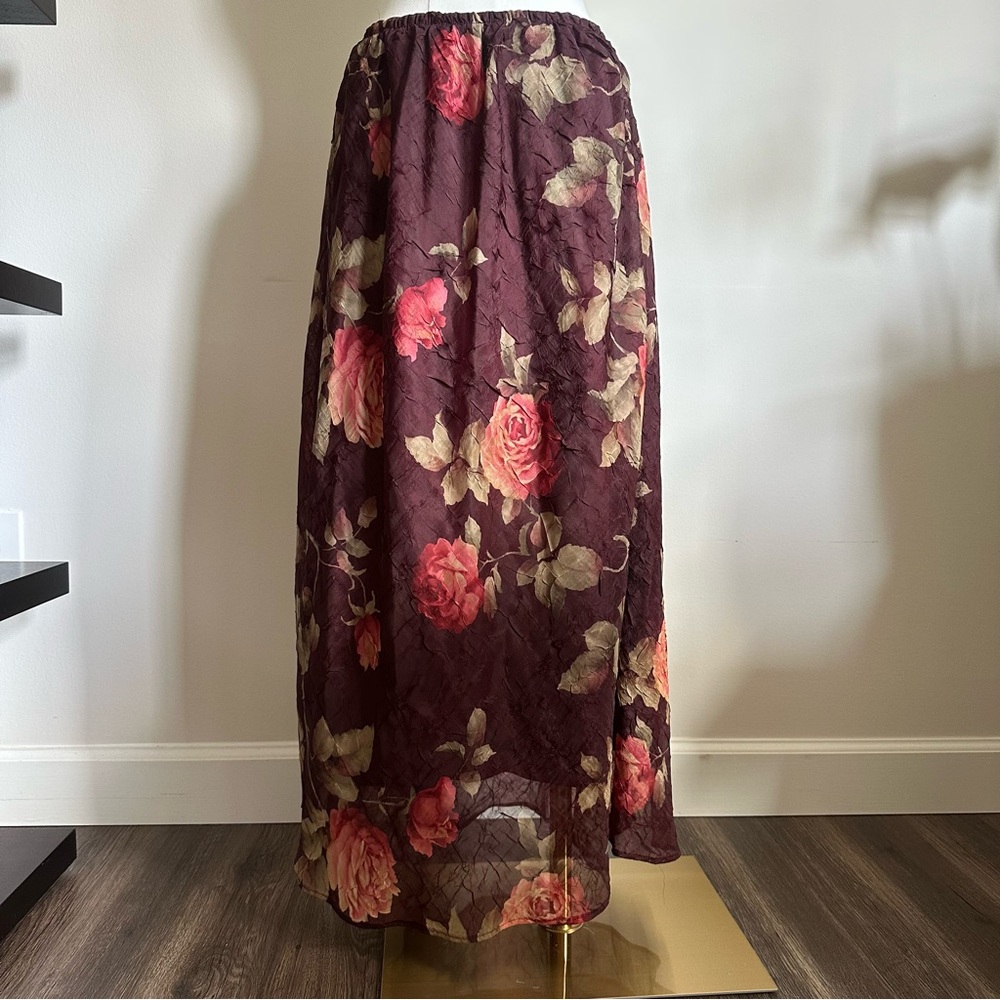 Romantic Vintage Floral Crinkle Maxi Skirt - Size 16 / Large